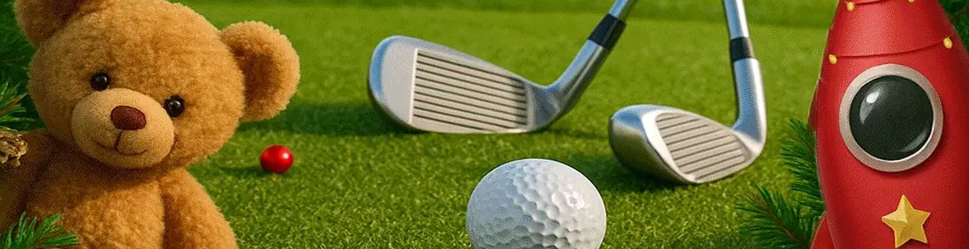 A teddy bear and a toy rocket beside golf clubs and a ball on the green
